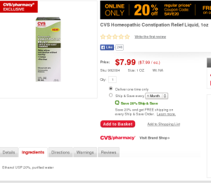 CVS brand homeopathic constipation remedy, with 20% alcohol.
